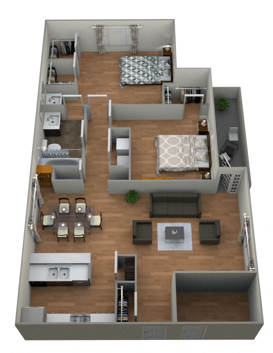 Floor plan for 2 beds, 1 bath, 996 sqft